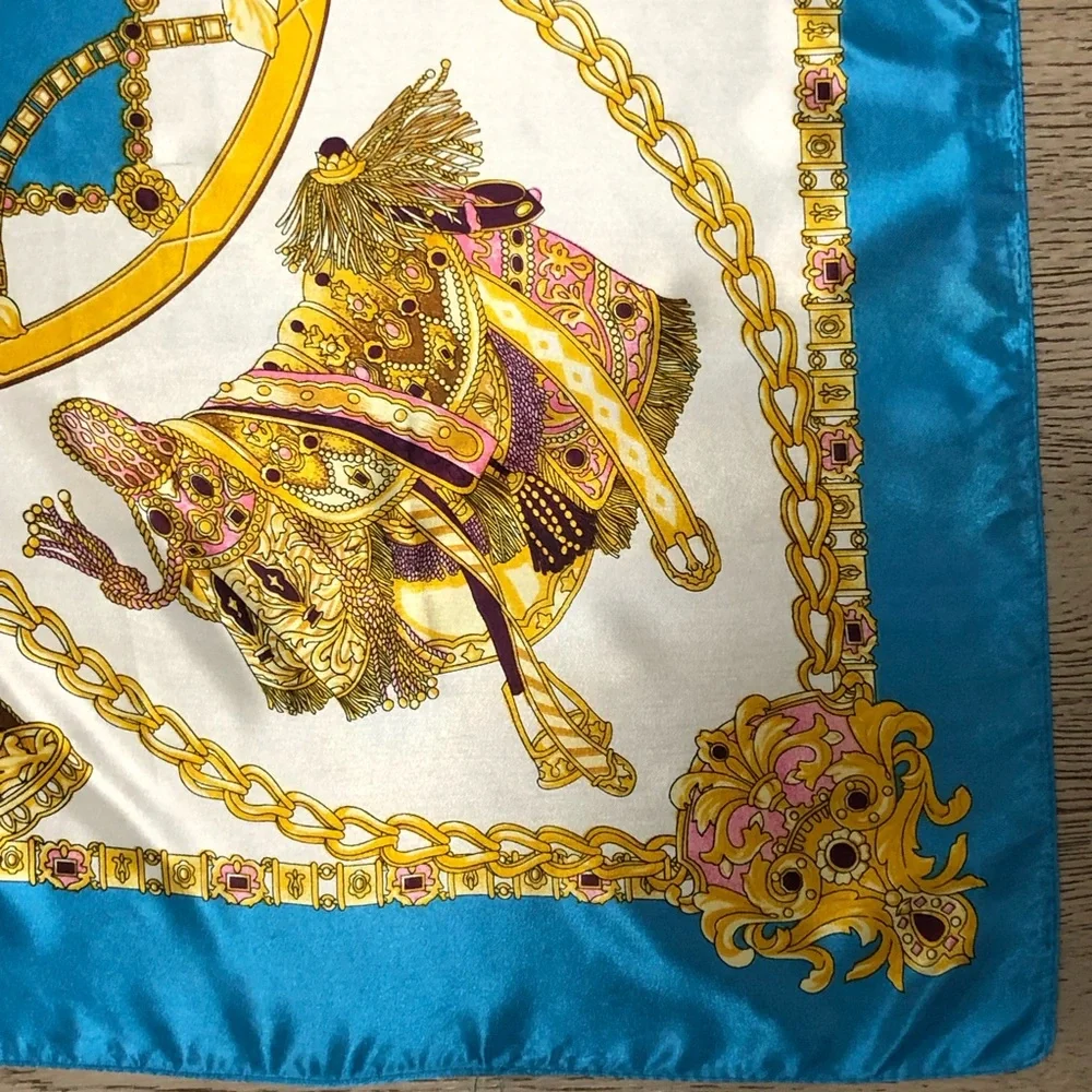 Scarf Square Satin Charmeuse 36 inches Turquoise Aqua Blue Gold Chain Design